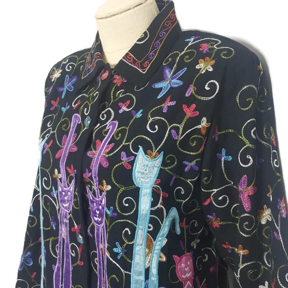 Fun Colorful Cat Embroidered Statement Jacket - Picture 2 of 8